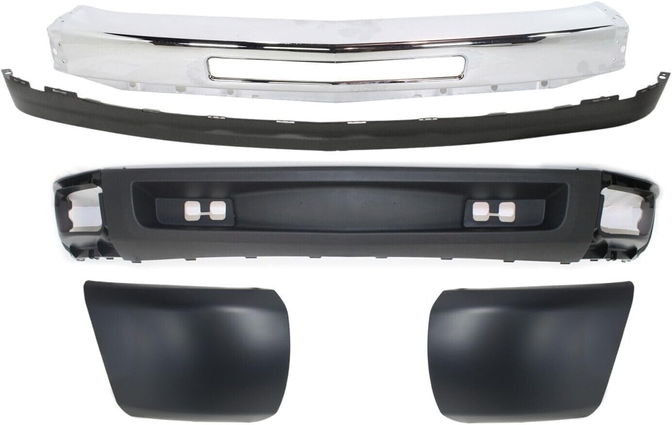 Front Bumper Chrome Steel + Lower Valance + Extension + End Caps + Set Of 8 Brackets Left & Right Side Direct Replacement Compatible With Chevrolet Silverado 1500 2007-2013