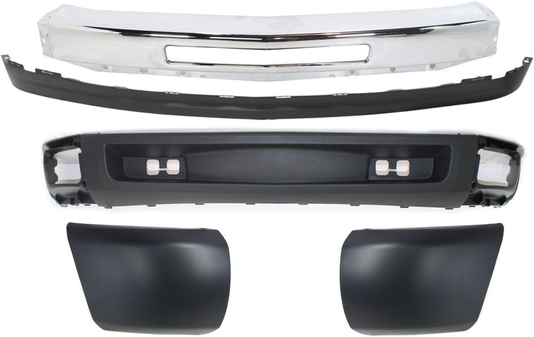 Front Bumper Chrome Steel + Lower Valance + Extension Textured + Set Of 2 End Cap Primed Left & Right Side Direct Replacement Compatible With Chevrolet Silverado 1500 2007-2013