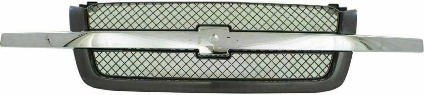 Front Grille Mesh Gray With Chrome Center Bar Direct Replacement Compatible With 2003-2006 Chevrolet Silverado GM1200489 19168629