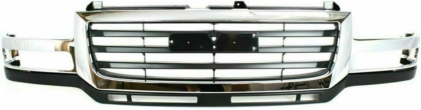 Front Bumper Steel + Grille Chrome + Lower Valance Primed + Fog Light Assembly Right & Left Side Direct Replacement Compatible With GMC Sierra 2500HD 3500 2003-2006 GM1200568