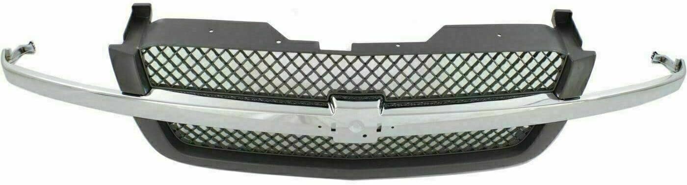 Front Grille Mesh Gray With Chrome Center Bar Direct Replacement Compatible With 2003-2006 Chevrolet Silverado GM1200489 19168629
