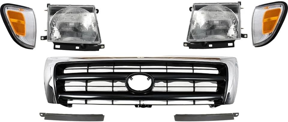 Front Grille Chrome Shell & Painted Dark Argent Insert + Fillers + Corner Lights + Headlights + Brackets Left & Right Side Direct Replacement Compatible With 1998-2000 Toyota Tacoma