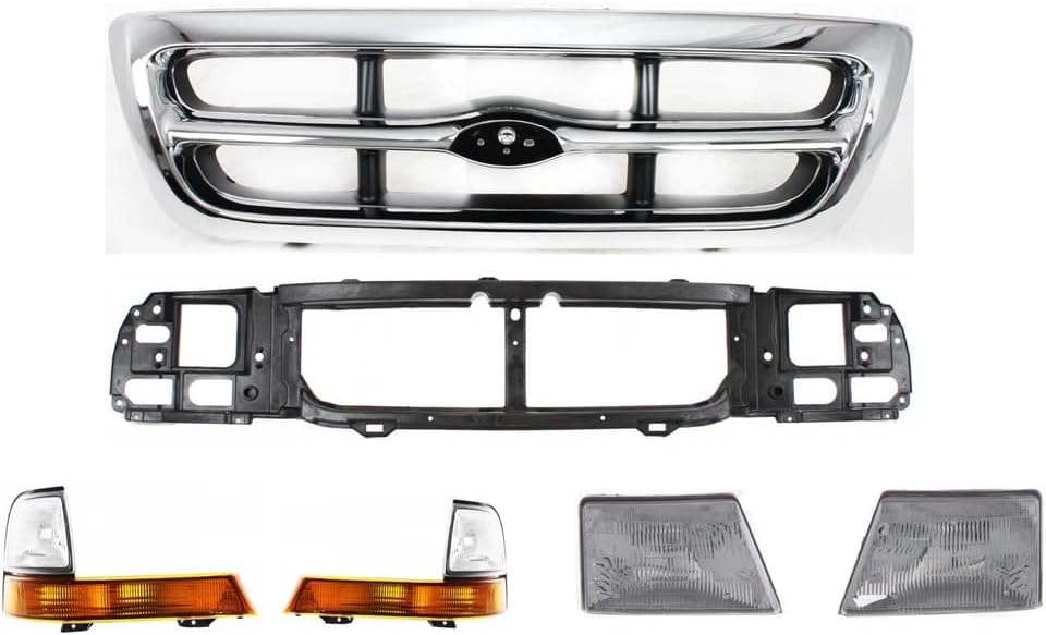 Front Grille Chrome Shell & Insert + Header Panel Thermoplastic And Fiberglass + Headlights + Corner Lamps Left & Right Side Direct Replacement Compatible With 1998-2000 Ford Ranger