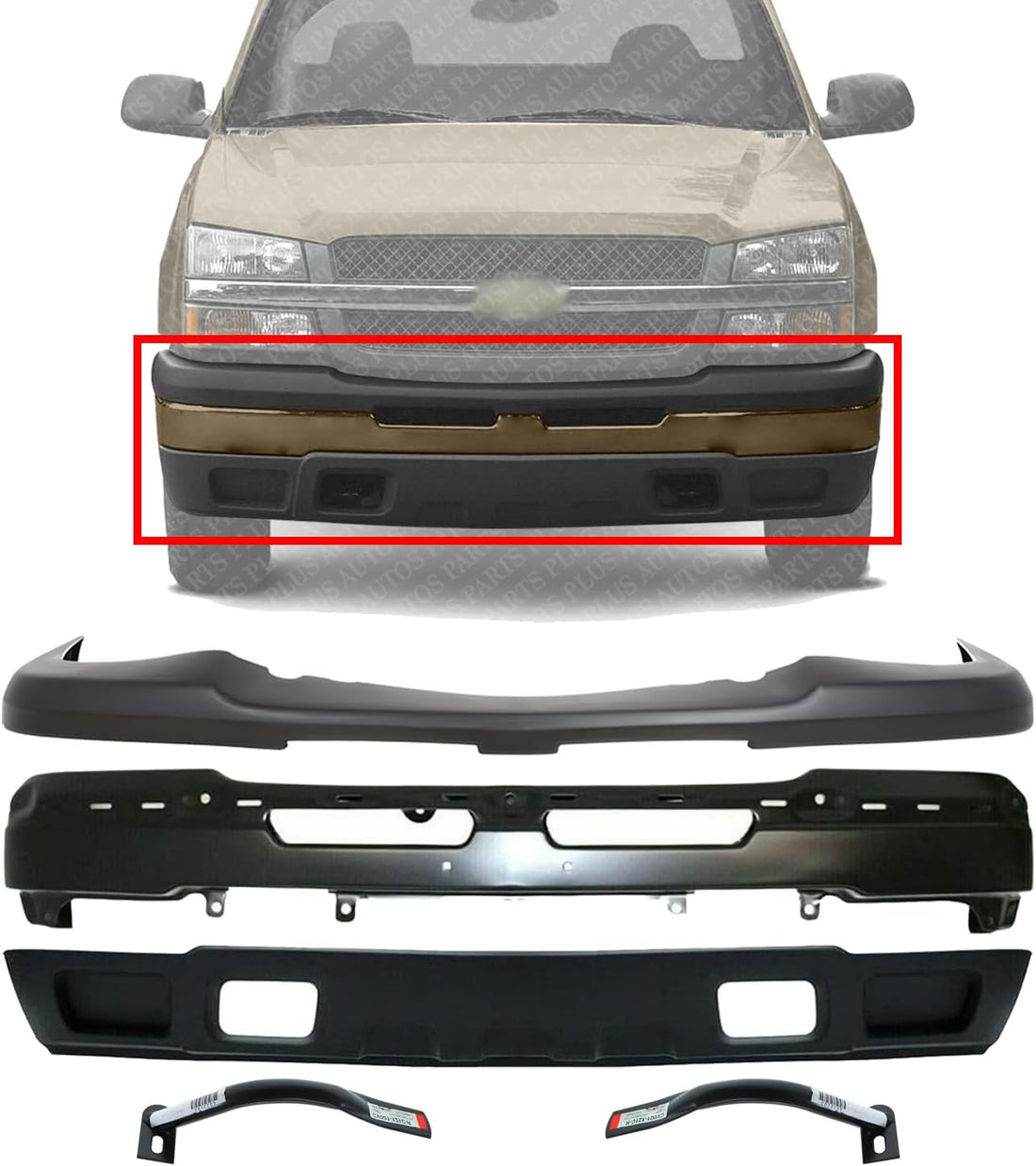Front Bumper Primed + Upper Cover + Lower Valance Textured + Outer Brace Bracket LH & RH Side Direct Replacement Compatible With Chevrolet Silverado 1500 2003-2006 GM1051110 GM1002417