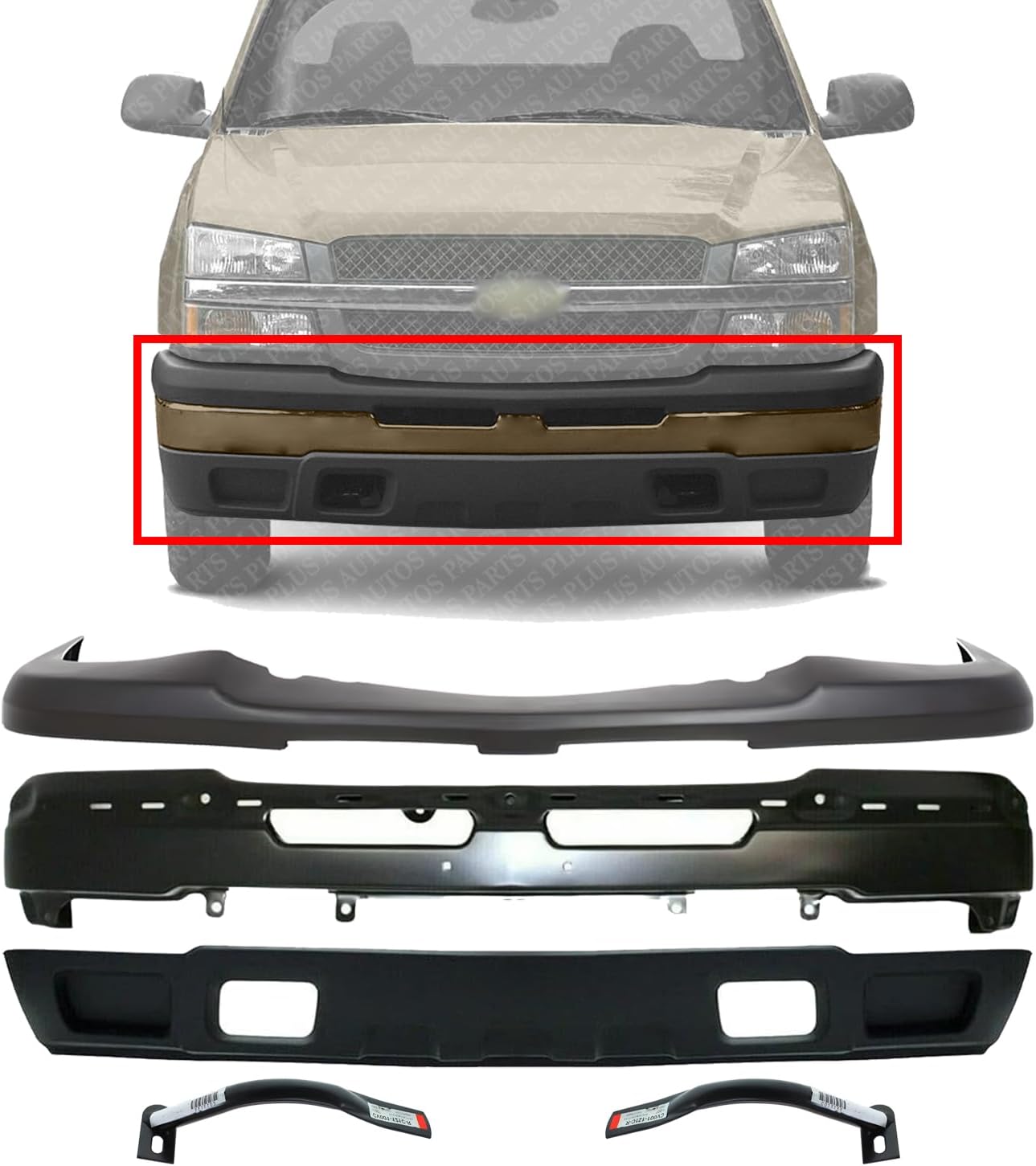 Front Bumper Primed + Upper Cover + Lower Valance Textured + Outer Brace Bracket LH & RH Side Direct Replacement Compatible With Chevrolet Silverado 1500 2003-2006 GM1051110 GM1002417