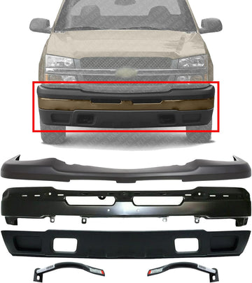 Front Bumper Primed + Upper Cover + Lower Valance Textured + Outer Brace Bracket LH & RH Side Direct Replacement Compatible With Chevrolet Silverado 1500 2003-2006 GM1051110 GM1002417