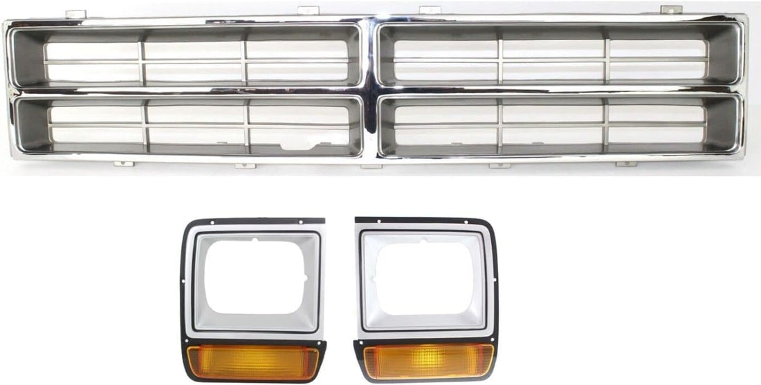 Front Grille Insert Chrome Plastic + Headlight Bezels Painted Silver Right Passenger & Left Driver Side Direct Replacement Compatible With Dodge Full Size Pickup 1986-1990 CH1200103