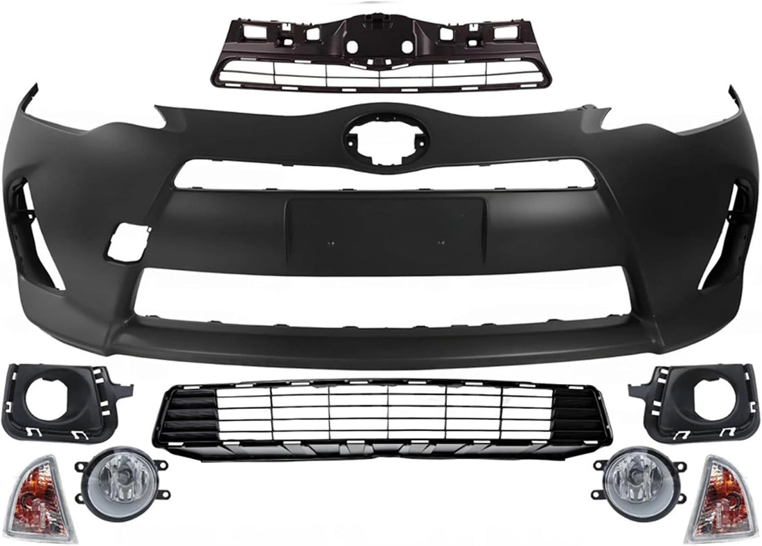 Front Bumper Cover Primed Plastic + Upper & Lower Grille + Turn Signal Lamp + Fog Light + Trim Left & Right Side Direct Replacement Compatible With 2012-2014 Toyota Prius C