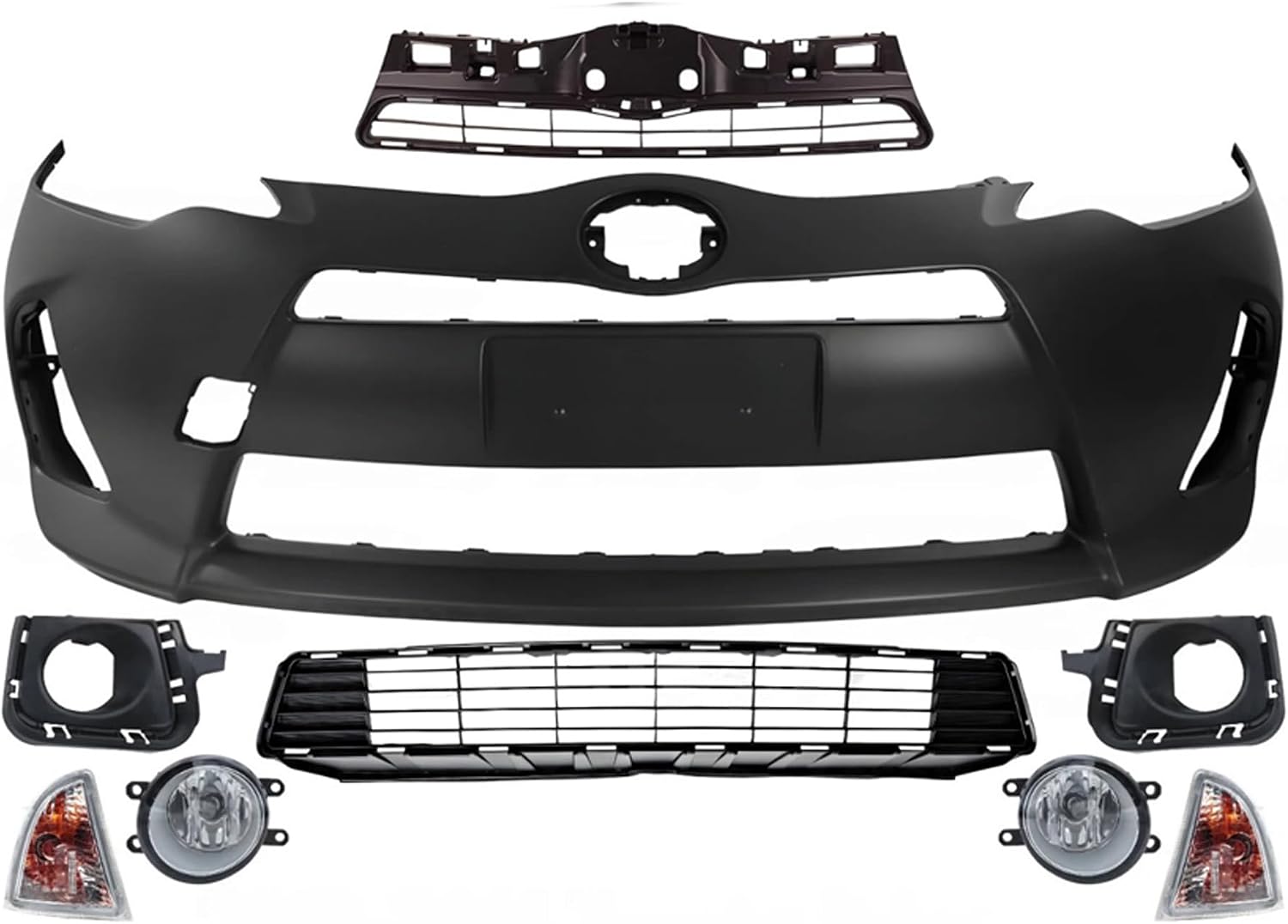 Front Bumper Cover Primed Plastic + Upper & Lower Grille + Turn Signal Lamp + Fog Light + Trim Left & Right Side Direct Replacement Compatible With 2012-2014 Toyota Prius C
