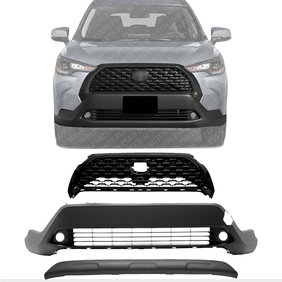 Front Bumper Cover + Upper Grille Mesh Black + Lower Valance Center Molding Primed Direct Replacement Compatible With 2022-2024 Toyota Corolla Cross XLE