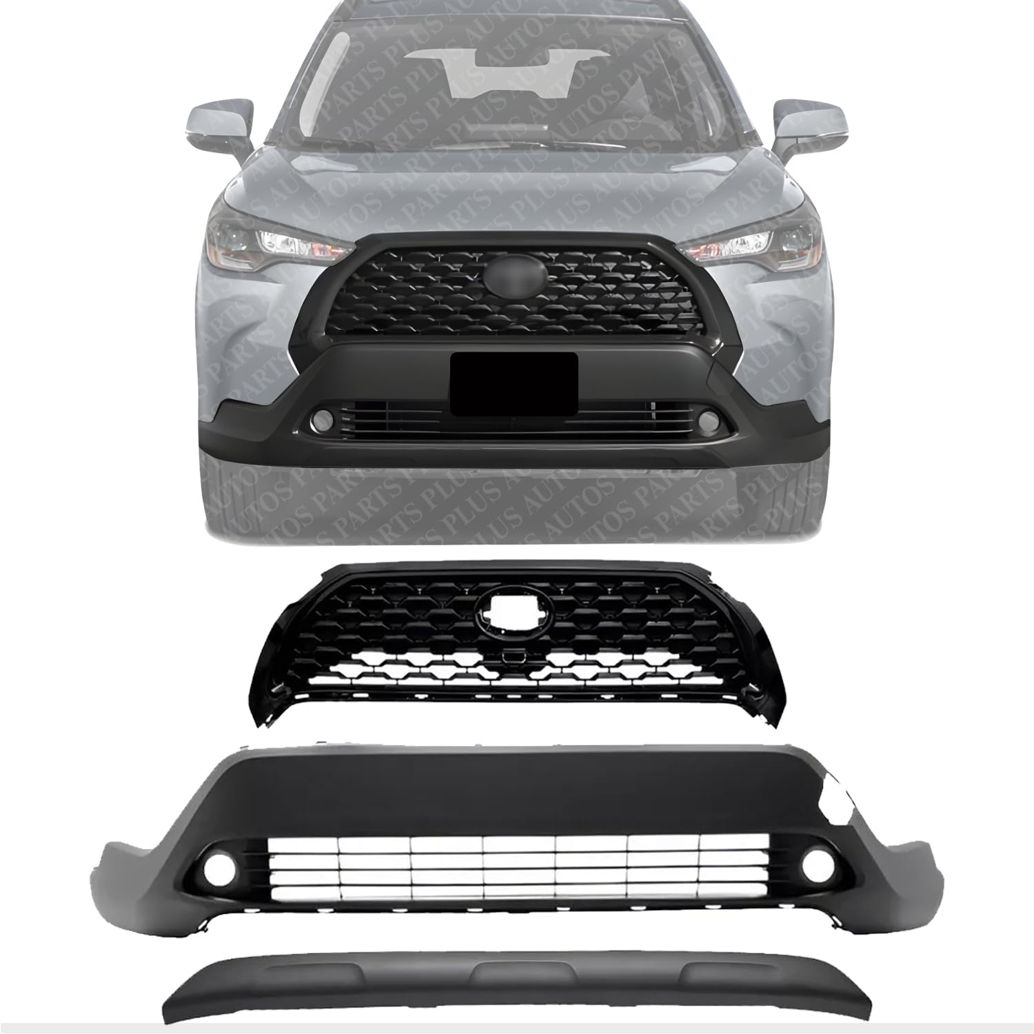 Front Bumper Cover + Upper Grille Mesh Black + Lower Valance Center Molding Primed Direct Replacement Compatible With 2022-2024 Toyota Corolla Cross XLE