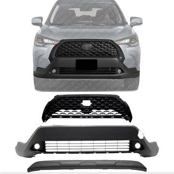 Front Bumper Cover + Upper Grille Mesh Black + Lower Valance Center Molding Primed Direct Replacement Compatible With 2022-2024 Toyota Corolla Cross XLE