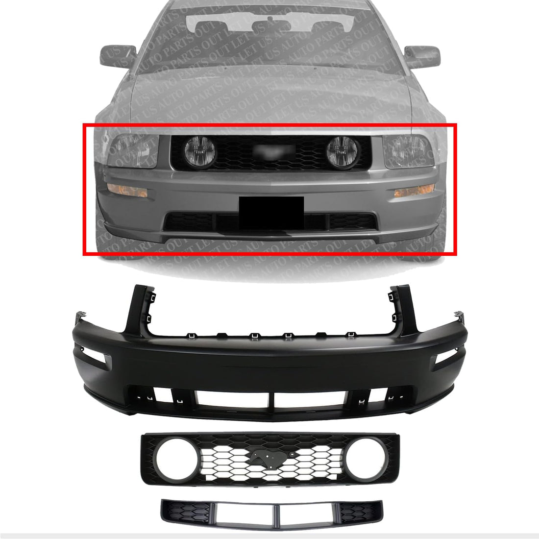 Front Bumper Cover Primed + Upper Grille Black Shell With Honeycomb Insert + Lower Textured Gray Direct Replacement Compatible With 2005-2009 Ford Mustang FO1000575 FO1200422