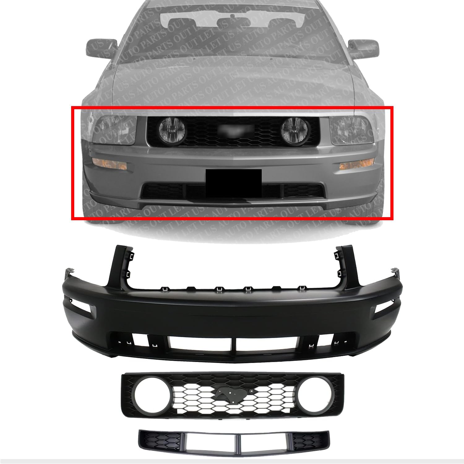 Front Bumper Cover Primed + Upper Grille Black Shell With Honeycomb Insert + Lower Textured Gray Direct Replacement Compatible With 2005-2009 Ford Mustang FO1000575 FO1200422