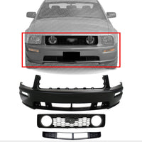 Front Bumper Cover Primed + Upper Grille Black Shell With Honeycomb Insert + Lower Textured Gray Direct Replacement Compatible With 2005-2009 Ford Mustang FO1000575 FO1200422