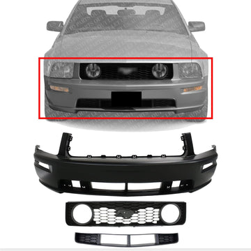 Front Bumper Cover Primed + Upper Grille Black Shell With Honeycomb Insert + Lower Textured Gray Direct Replacement Compatible With 2005-2009 Ford Mustang FO1000575 FO1200422