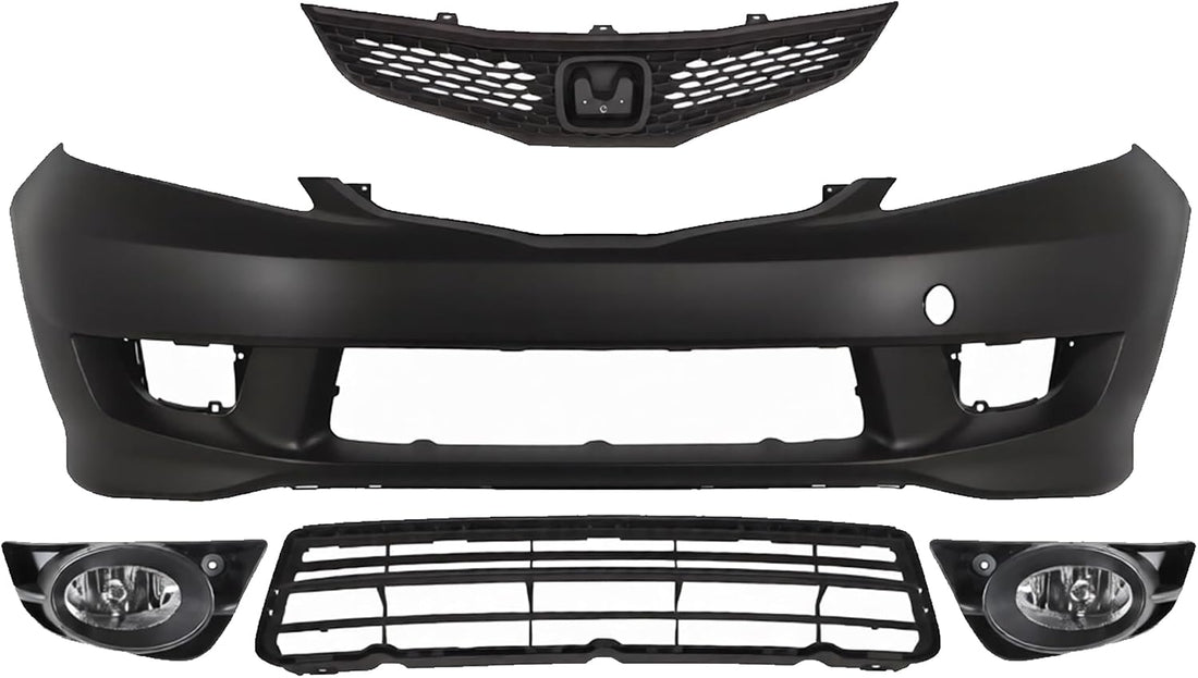 Front Bumper Cover Primed Plastic + Upper & Lower Grille + Fog Light Left Driver & Right Passenger Side Direct Replacement Compatible With 2009-2011 Honda Fit
