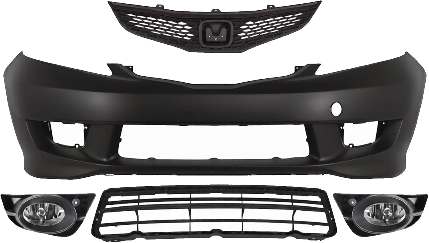 Front Bumper Cover Primed Plastic + Upper & Lower Grille + Fog Light Left Driver & Right Passenger Side Direct Replacement Compatible With 2009-2011 Honda Fit