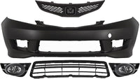 Front Bumper Cover Primed Plastic + Upper & Lower Grille + Fog Light Left Driver & Right Passenger Side Direct Replacement Compatible With 2009-2011 Honda Fit