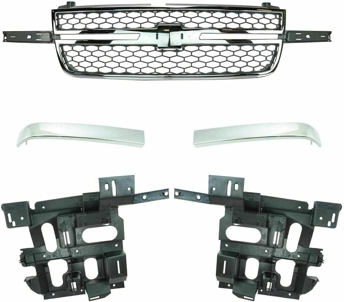 AUTOS PARTS PLUS Front Grille Chrome Without Center Bar + Moldings + Headlight Support Brackets Left Driver & Right Passenger Side Direct Replacement Compatible With 2003-2006 Chevrolet Silverado