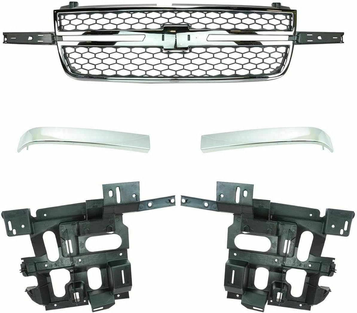 AUTOS PARTS PLUS Front Grille Chrome Without Center Bar + Moldings + Headlight Support Brackets Left Driver & Right Passenger Side Direct Replacement Compatible With 2003-2006 Chevrolet Silverado