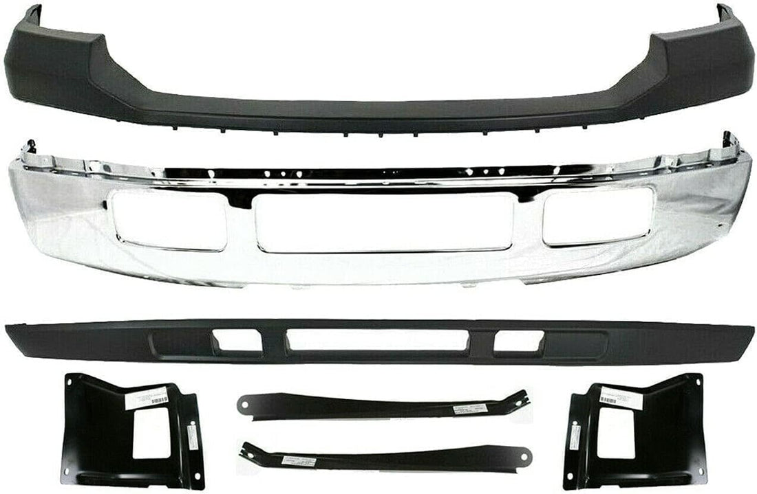 AUTOS PARTS PLUS Front Bumper Chrome Steel + Upper Cover Primed + Lower Valance Textured + Outer Mounting Brackets Direct Replacement Compatible With 2005-2007 Ford F-Series Super Duty FO1066164