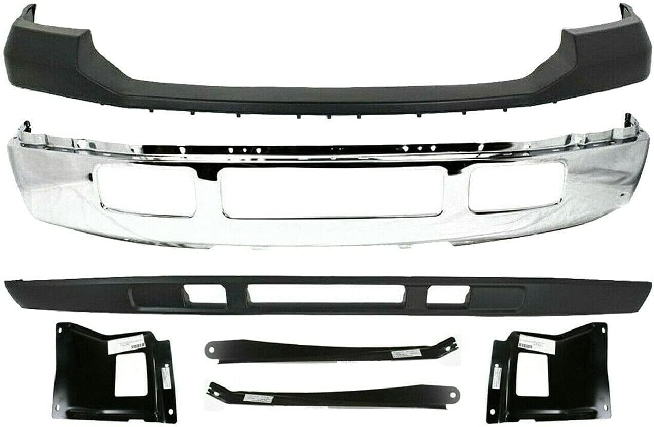 AUTOS PARTS PLUS Front Bumper Chrome Steel + Upper Cover Primed + Lower Valance Textured + Outer Mounting Brackets Direct Replacement Compatible With 2005-2007 Ford F-Series Super Duty FO1066164