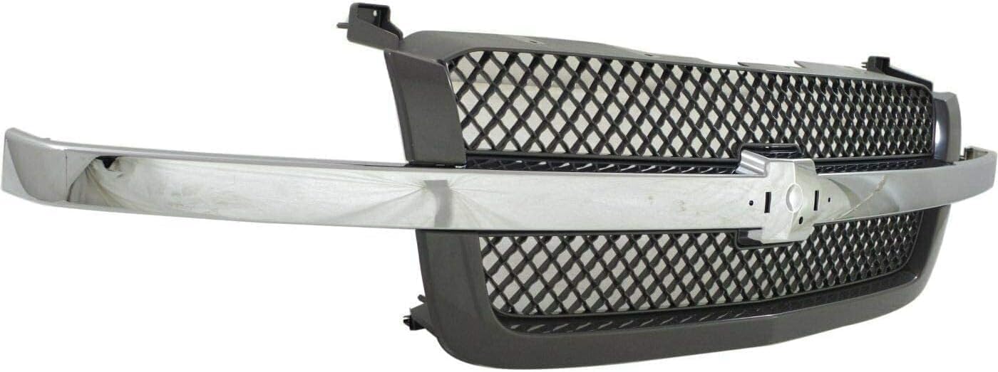 Front Bumper Chrome Steel + Grille + Upper Cover + Lower Valance Air Deflector Textured Direct Replacement Compatible With 2003-2006 Chevrolet Silverado 1500 GM1051110 GM1200489