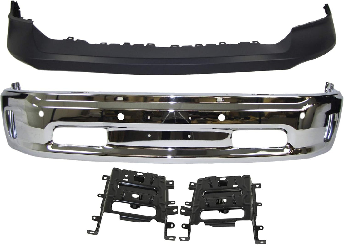 Front Bumper Steel Chrome Steel + Upper Cover Fascia Primed + Brackets Left Driver & Right Passenger Side Direct Replacement Compatible With 2014-2018 Ram 1500 CH1002402 CH1014108