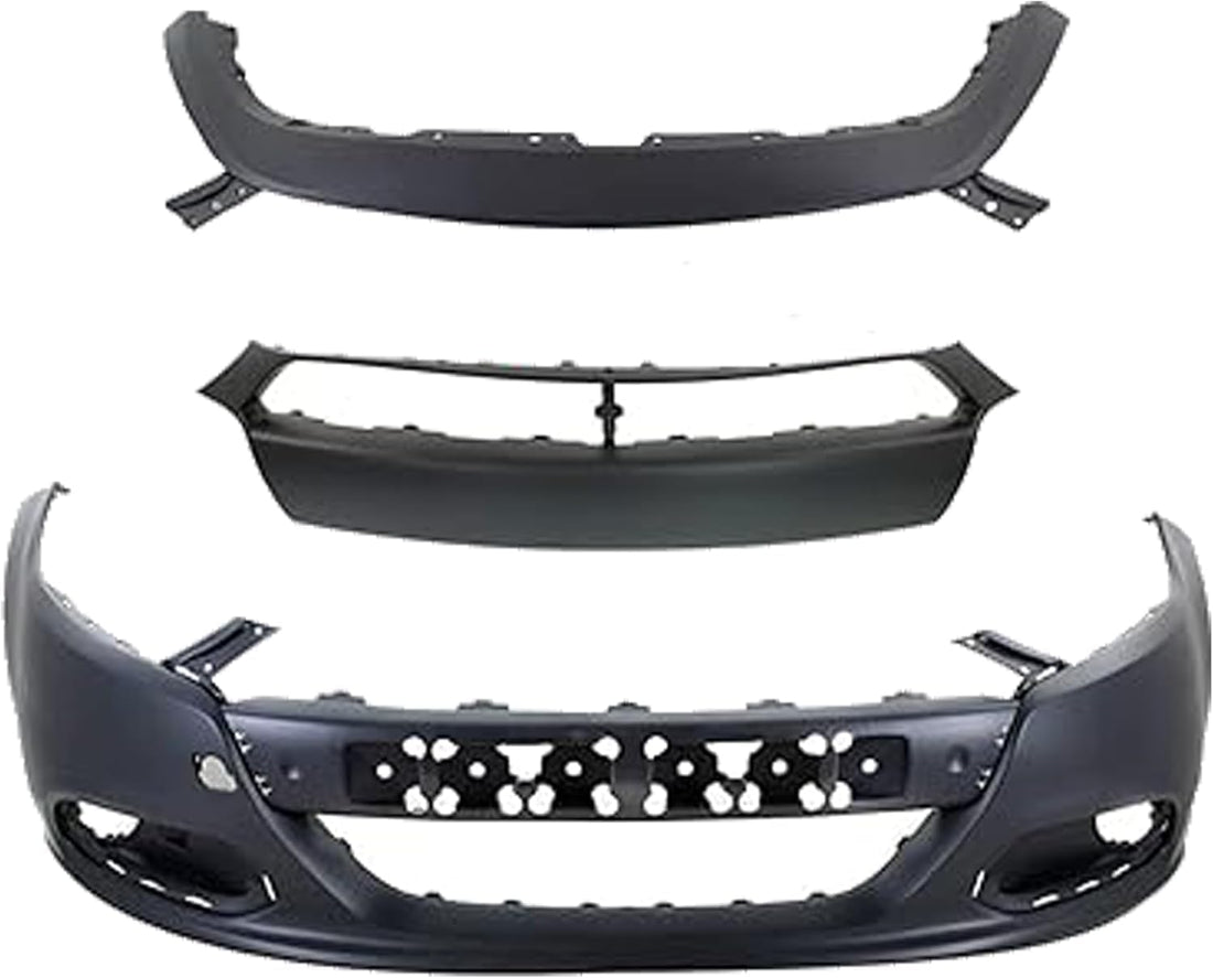 Front Bumper + Upper Cover + Molding Primed + Grille Textured Direct Replacement Compatible With 2013-2016 Dodge Dart CH1200378 CH1044110 CH1000A09 CH1014106 1TS71TZZAF 1WC26TZZAC