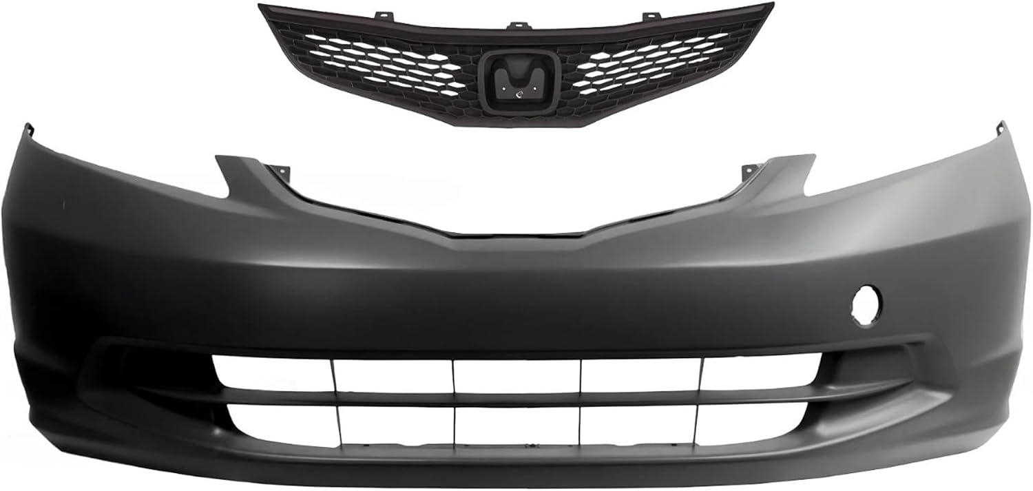 Front Bumper Cover Primed Plastic + Grille Textured Direct Replacement Compatible With 2009-2014 Honda Fit