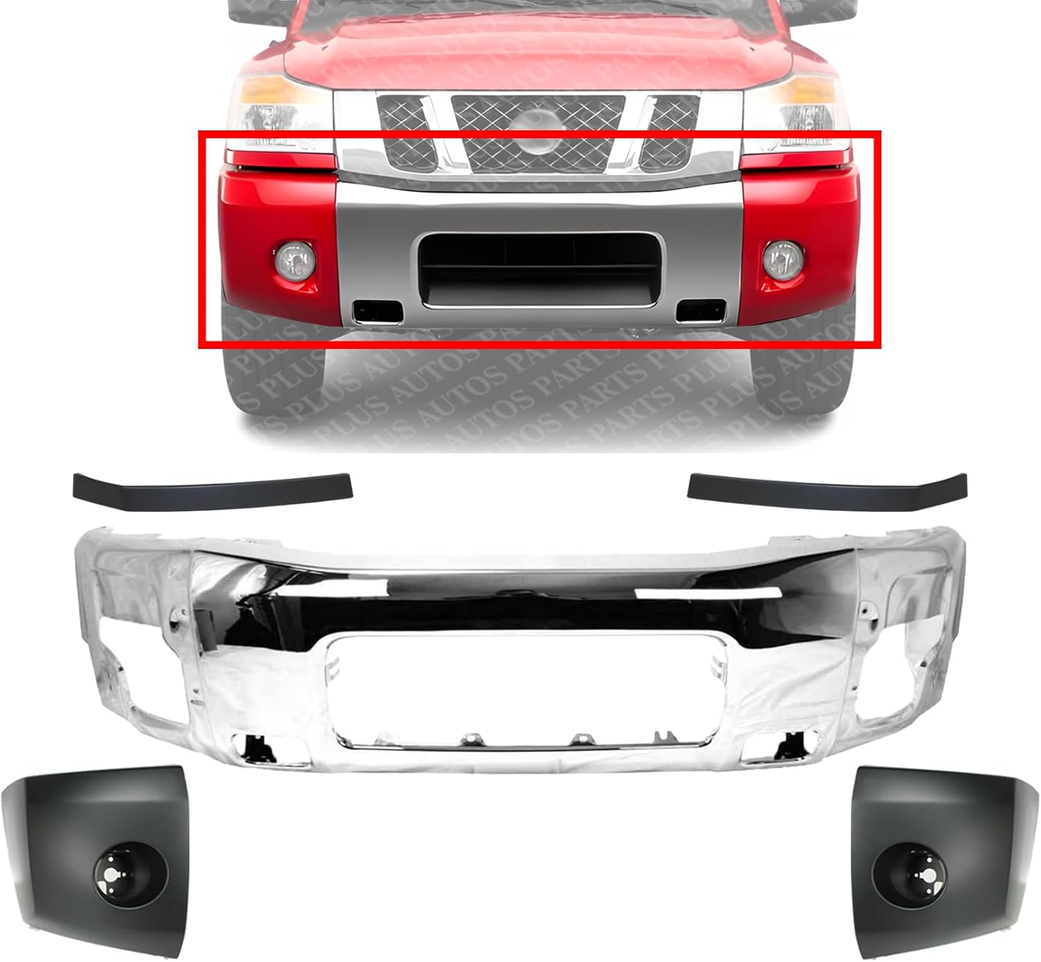 Front Bumper Face Bar Chrome + Upper Fillers & End Caps Primed Left Driver & Right Passenger Side Direct Replacement Compatible With 2004-2007 Nissan Titan NI1002136 NI1004147