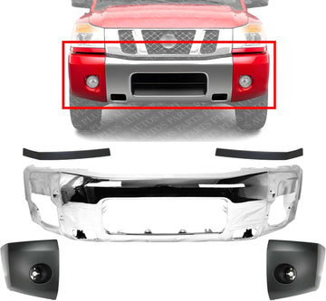 Front Bumper Face Bar Chrome + Upper Fillers & End Caps Primed Left Driver & Right Passenger Side Direct Replacement Compatible With 2004-2007 Nissan Titan NI1002136 NI1004147
