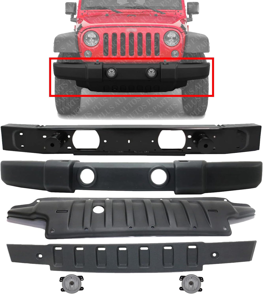Front Bumper Cover + Upper Filler + Lower Valance Textured + Reinforcement + Fog Light Left Driver & Right Passenger Side For 2007-2010 Jeep Wrangler Standard Duty CH1000900 CH1006212