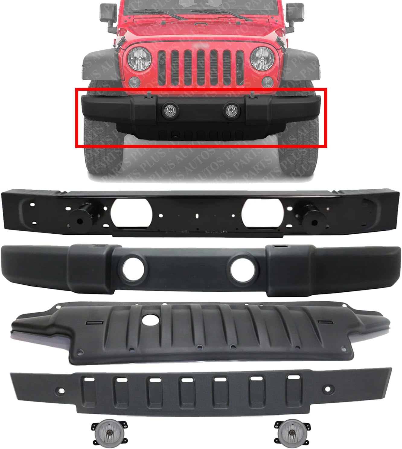 Front Bumper Cover + Upper Filler + Lower Valance Textured + Reinforcement + Fog Light Left Driver & Right Passenger Side For 2007-2010 Jeep Wrangler Standard Duty CH1000900 CH1006212