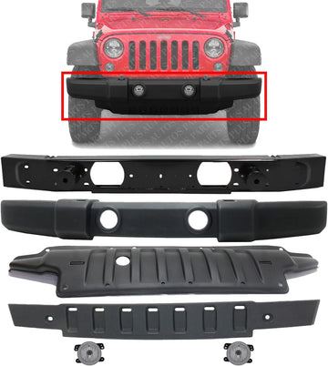 Front Bumper Cover + Upper Filler + Lower Valance Textured + Reinforcement + Fog Light Left Driver & Right Passenger Side For 2007-2010 Jeep Wrangler Standard Duty CH1000900 CH1006212
