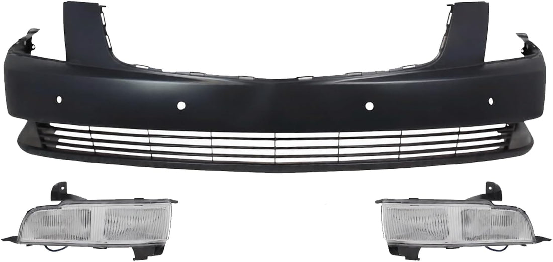 Front Bumper Cover Primed Plastic + Fog Lights Left Driver & Right Passenger Side Direct Replacement Compatible With 2006-2011 Cadillac DTS