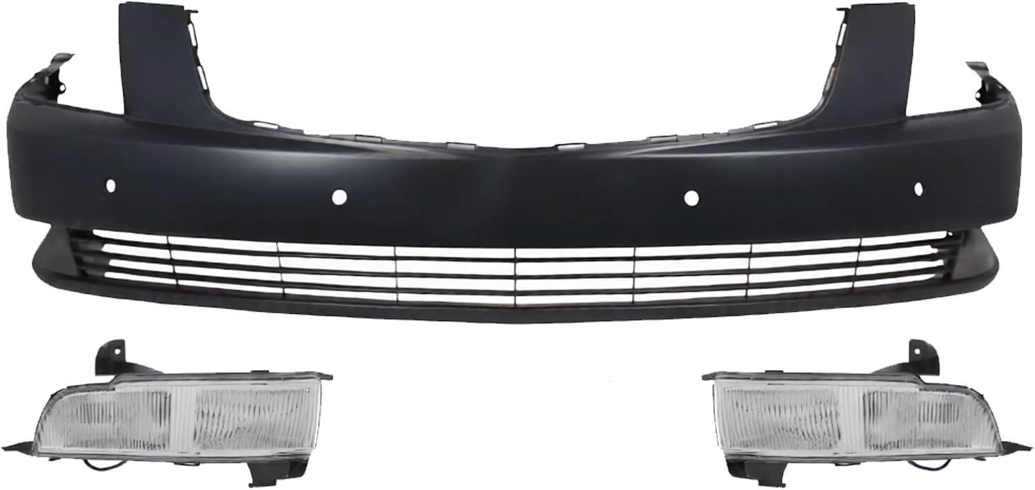 Front Bumper Cover Primed Plastic + Fog Lights Left Driver & Right Passenger Side Direct Replacement Compatible With 2006-2011 Cadillac DTS