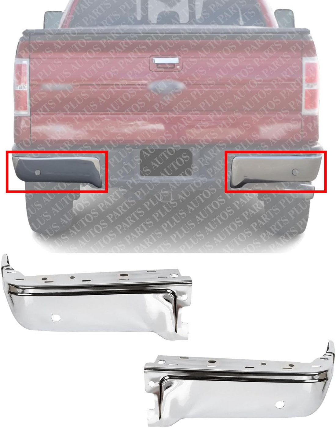 Set Of 2 Rear Bumper Face Bar End Cap Chrome Steel Left Driver & Right Passenger Side Direct Replacement Compatible With 2009-2014 Ford F-150 FO1102372 FO1102373 9L3Z17906B