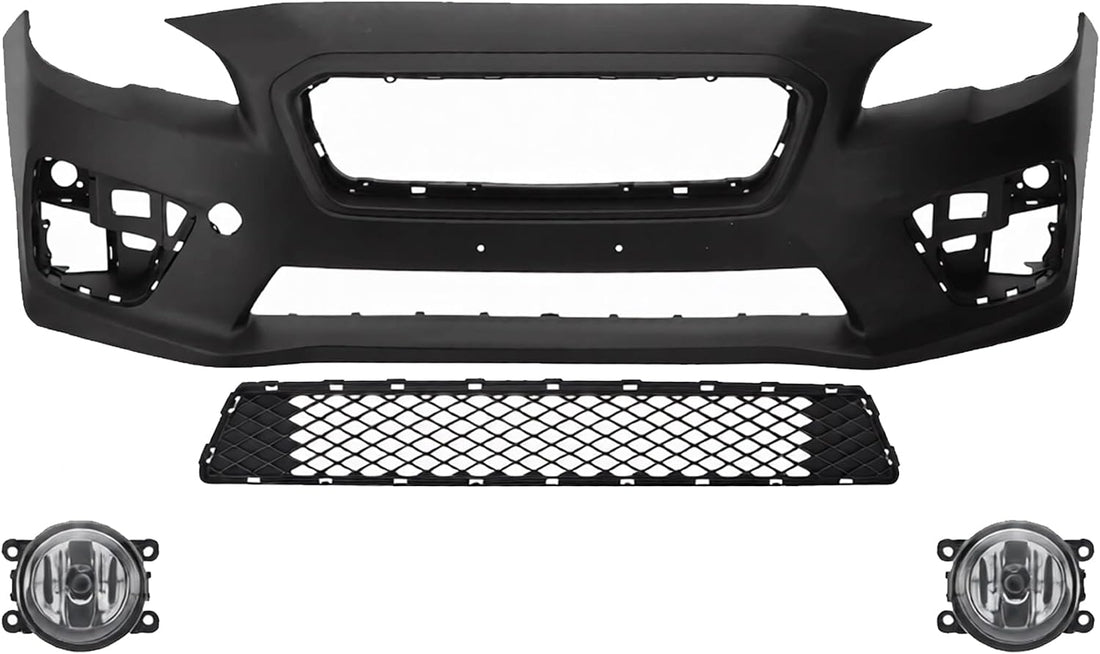 Front Bumper Cover Primed Plastic + Lower Center Grille + Fog Light Left Driver & Right Passenger Side Direct Replacement Compatible With 2015-2017