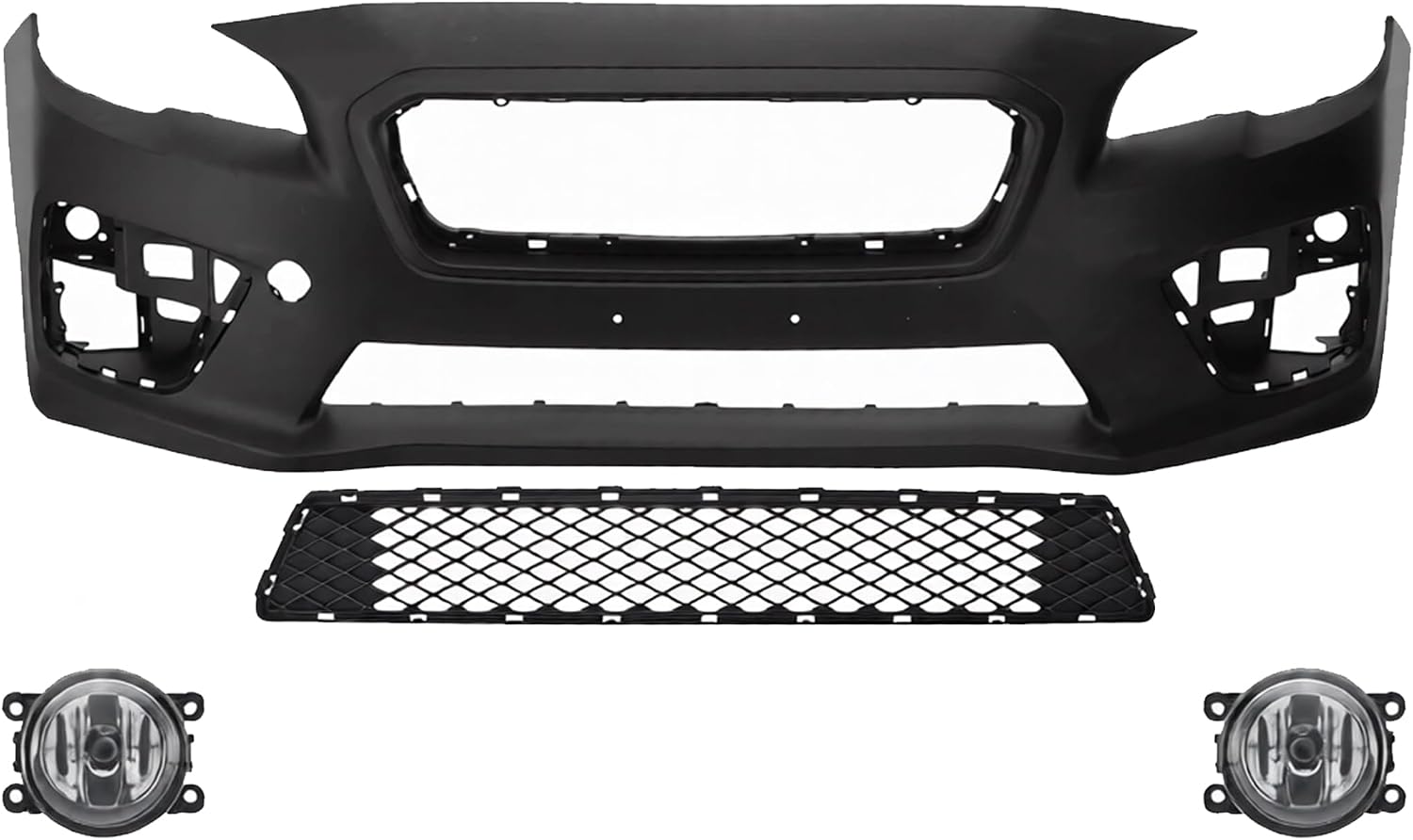 Front Bumper Cover Primed Plastic + Lower Center Grille + Fog Light Left Driver & Right Passenger Side Direct Replacement Compatible With 2015-2017