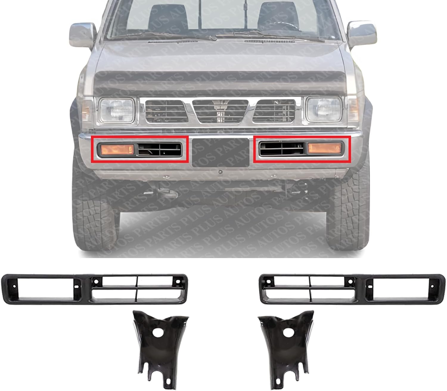 Front Bumper Brackets + Fog Light Molding Bezels Primed Left Driver & Right Passenger Side Direct Replacement Compatible With 1995-1997 Nissan Pickup