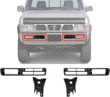 Front Bumper Brackets + Fog Light Molding Bezels Primed Left Driver & Right Passenger Side Direct Replacement Compatible With 1995-1997 Nissan Pickup