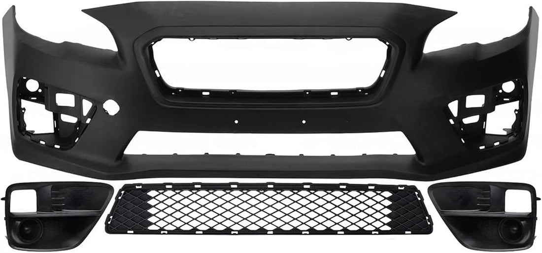 Front Bumper Cover Primed Plastic + Lower Center Grille + Fog Lights Cover Left Driver & Right Passenger Side Direct Replacement Compatible With 2015-2017 Subaru WRX