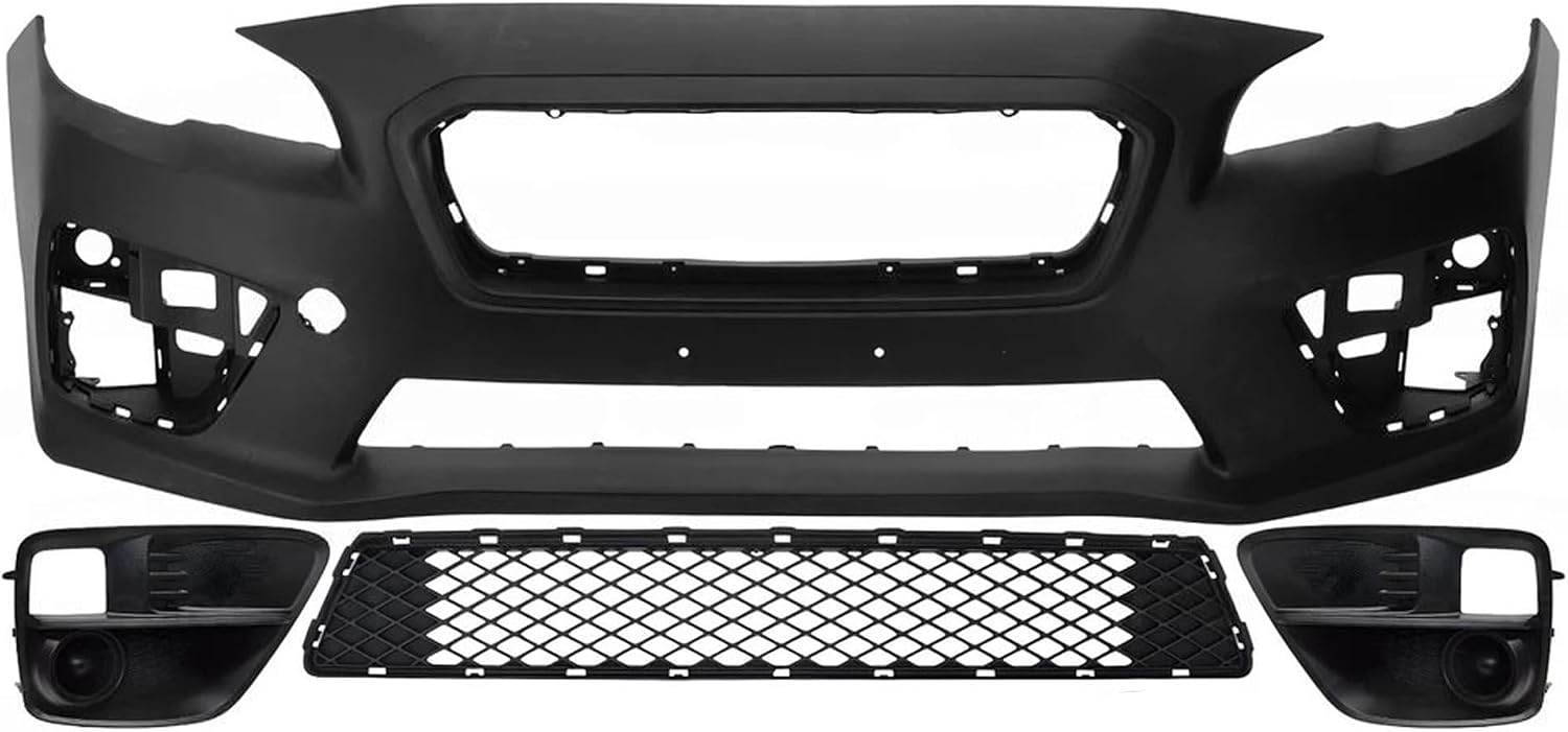 Front Bumper Cover Primed Plastic + Lower Center Grille + Fog Lights Cover Left Driver & Right Passenger Side Direct Replacement Compatible With 2015-2017 Subaru WRX