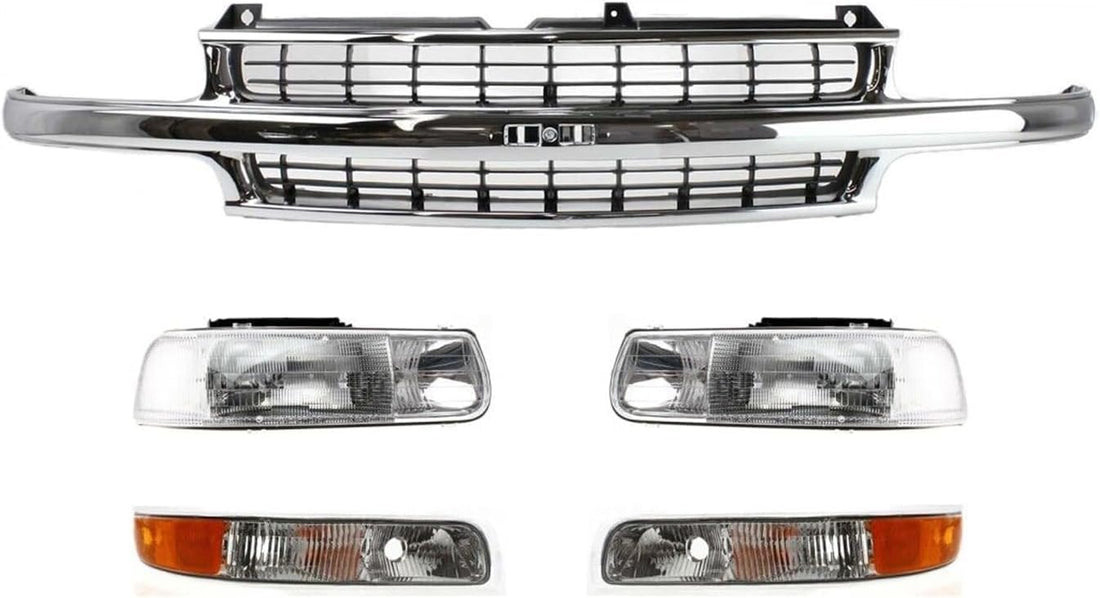 Front Grille Chrome Shell With Cross Bar Insert + Headlights + Park Lamp Right & Left Side Direct Replacement Compatible With 2000-2006 Chevrolet Tahoe/Chevrolet Suburban GM1200442