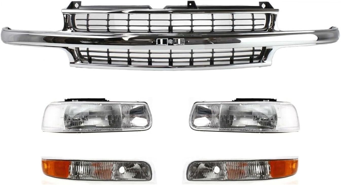 Front Grille Chrome Shell With Cross Bar Insert + Headlights + Park Lamp Right & Left Side Direct Replacement Compatible With 2000-2006 Chevrolet Tahoe/Chevrolet Suburban GM1200442