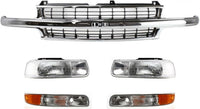 Front Grille Chrome Shell With Cross Bar Insert + Headlights + Park Lamp Right & Left Side Direct Replacement Compatible With 2000-2006 Chevrolet Tahoe/Chevrolet Suburban GM1200442