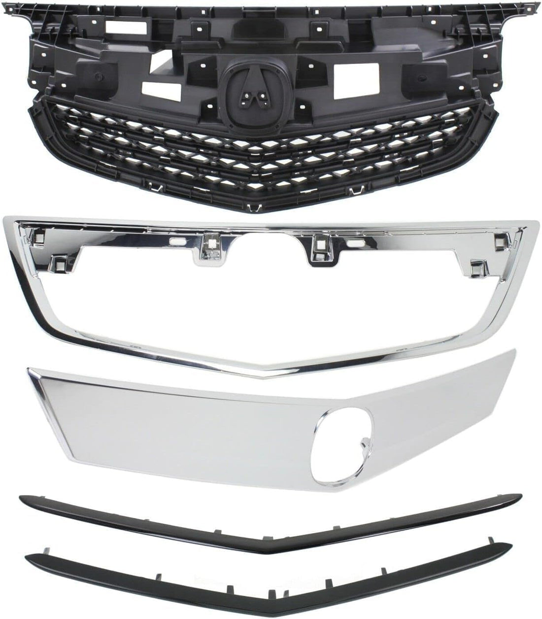 Front Grille Bar Cover + Frame Shell And Insert Primed + Upper & Lower Moldings Left Driver & Right Passenger Side Direct Replacement Compatible With 2012-2014 Acura TL AC1200120