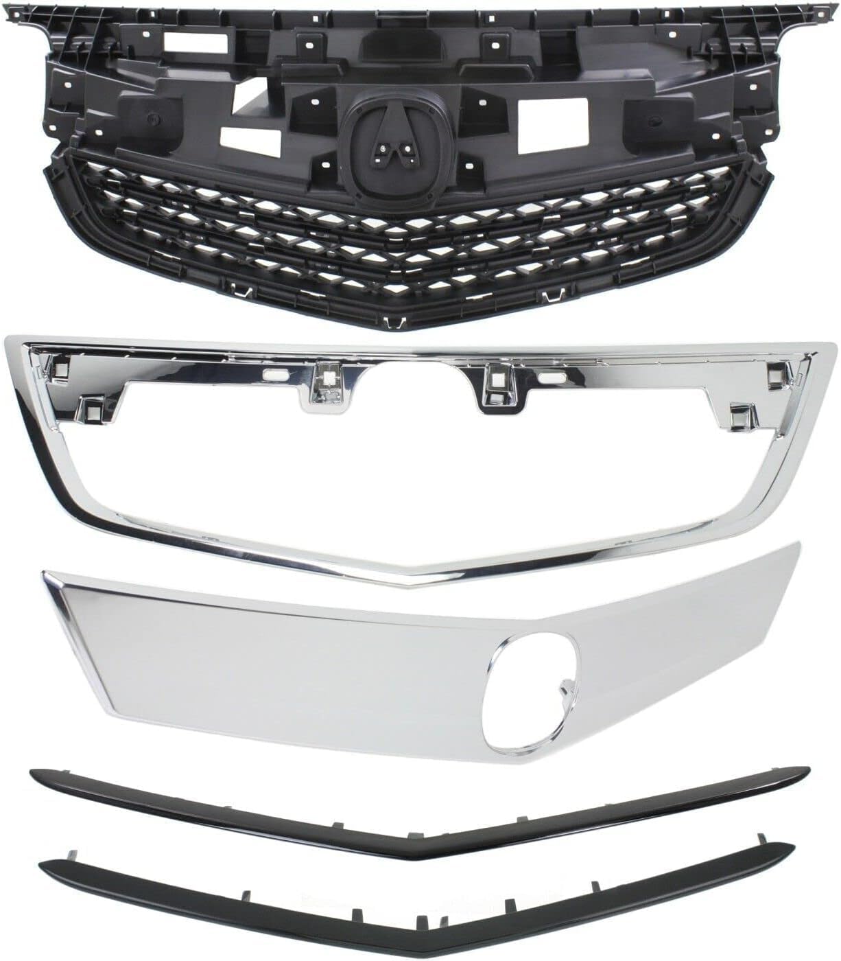 Front Grille Bar Cover + Frame Shell And Insert Primed + Upper & Lower Moldings Left Driver & Right Passenger Side Direct Replacement Compatible With 2012-2014 Acura TL AC1200120